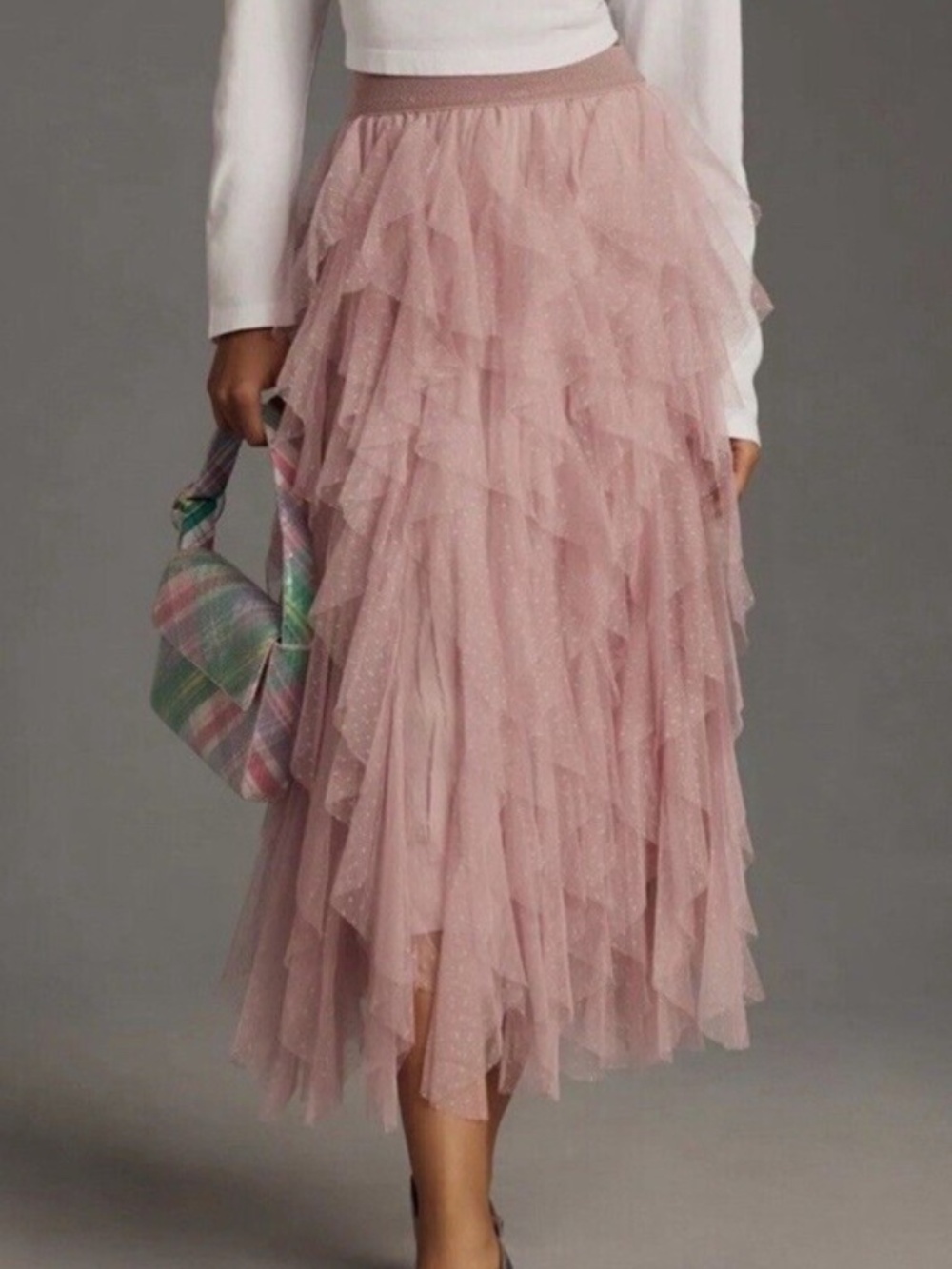 Dreamy Blush Swiss Dot Layered Tulle Midi Skirt Balletcore Romantic Princess - Picture 2 of 5